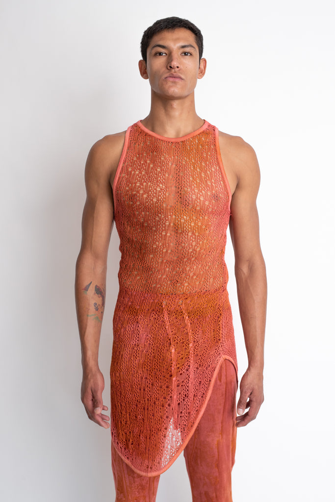Coqueto: Coral Oxide Dye Knit Mesh Top